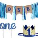Baby 1st Birthday Boy Decorations with Crown - Baby Boy First Birthday Decorations High Chair Banner - Cake Smash Party Supplies - Happy Birthday ONE Burlap Banner, No.1 Gold and Blue Crown