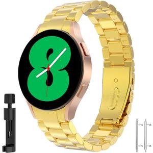 Compatible Galaxy Watch 6 Band Classic 47mm 46mm 44mm 43mm 42mm 40mm Bands, Samsung No Gap Solid Stainless Steel Strap for Men Women 4 5 6 Pro (Gold)