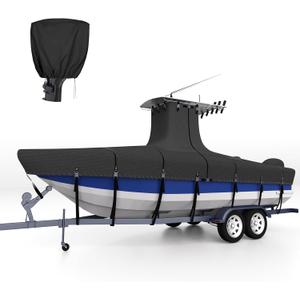 Heavy Duty Ture 900D T-Top Boat Cover 20ft - 22ft with Motor Cover, 100% Waterproof Solution-Dyed Center Console Boat with T Top Roof 20-22 Foot with Upgraded 17 Windproof Straps (Black)