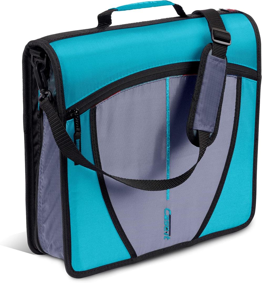 Case-it Mighty Zip Tab School Zipper Binder | 3-Inch O-Rings, 600-Sheet Capacity, 5-Subject Expanding File Folder, Multiple Pockets & Storage Organizer, Shoulder Strap | D-146 Aqua Marine