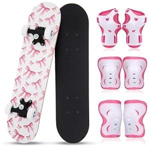 Honoson 7 Pcs Skateboard for Toddlers Beginners Knee Elbow Pads Wrist Guards Gear Set(Pink Bow, Age 6-10 Kids 24 x 6)