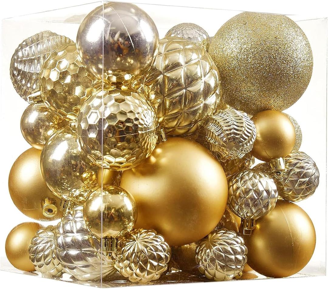 Christmas Balls Ornaments -36pcs Shatterproof Christmas Tree Decorations with Hanging Loop for Xmas Tree Wedding Holiday Party Home Decor, 6 Styles in 3 Sizes (Gold）