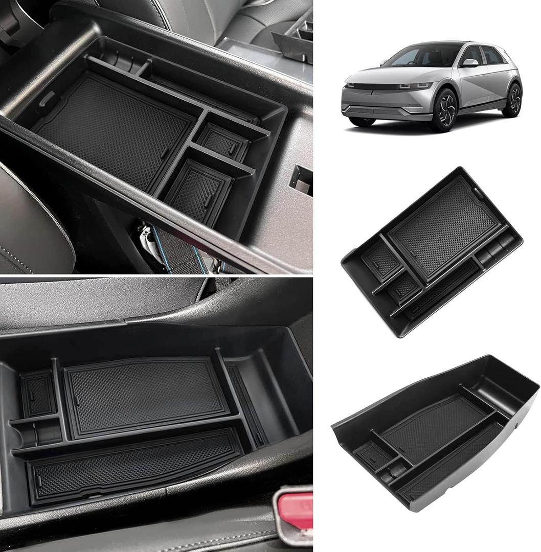 BestEvMod for Ioniq5 Armrest Storage Box & Lower Center Console Organizer Tray 2PCS with Rubber Trim Compatible with Hyundai Ioniq 5 2022-2024 Accessories (Armrest +Lower Tray) NOT FIT 2025