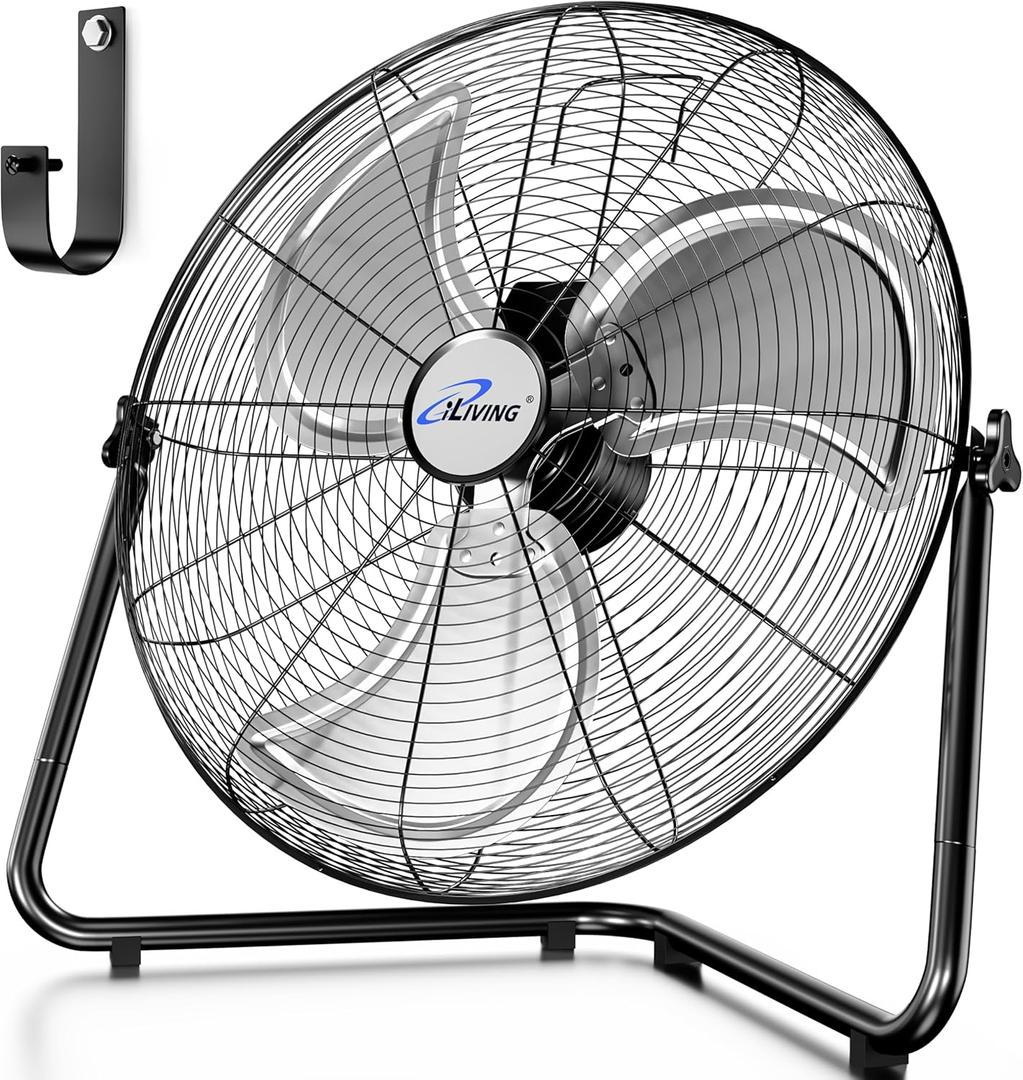 iLIVING 20 Inch Heavy Duty Floor & Wall Mount Fan - 5750 CFM High Velocity, 120-Watt, 3-Speed, Industrial Cooling for Garage, Workshop, Office, Home - UL Listed, Black