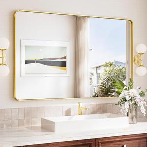 TokeShimi 48x30 Wall Mirror for Bathroom, Brushed Gold Bathroom Vanity Mirror Modern, Tempered Glass, Large Bathroom Mirror Rectangle, Metal Framed Bathroom Mirror (Horizontal/Vertical)