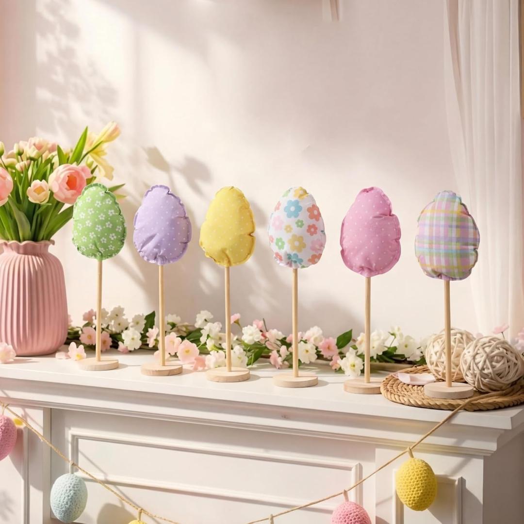 Pinkunn 6 Pcs Easter Table Decorations Fabric Eggs Wooden Signs Pastel Easter Eggs Centerpiece Tiered Tray Decor for Home Farmhouse Kitchen Decorations