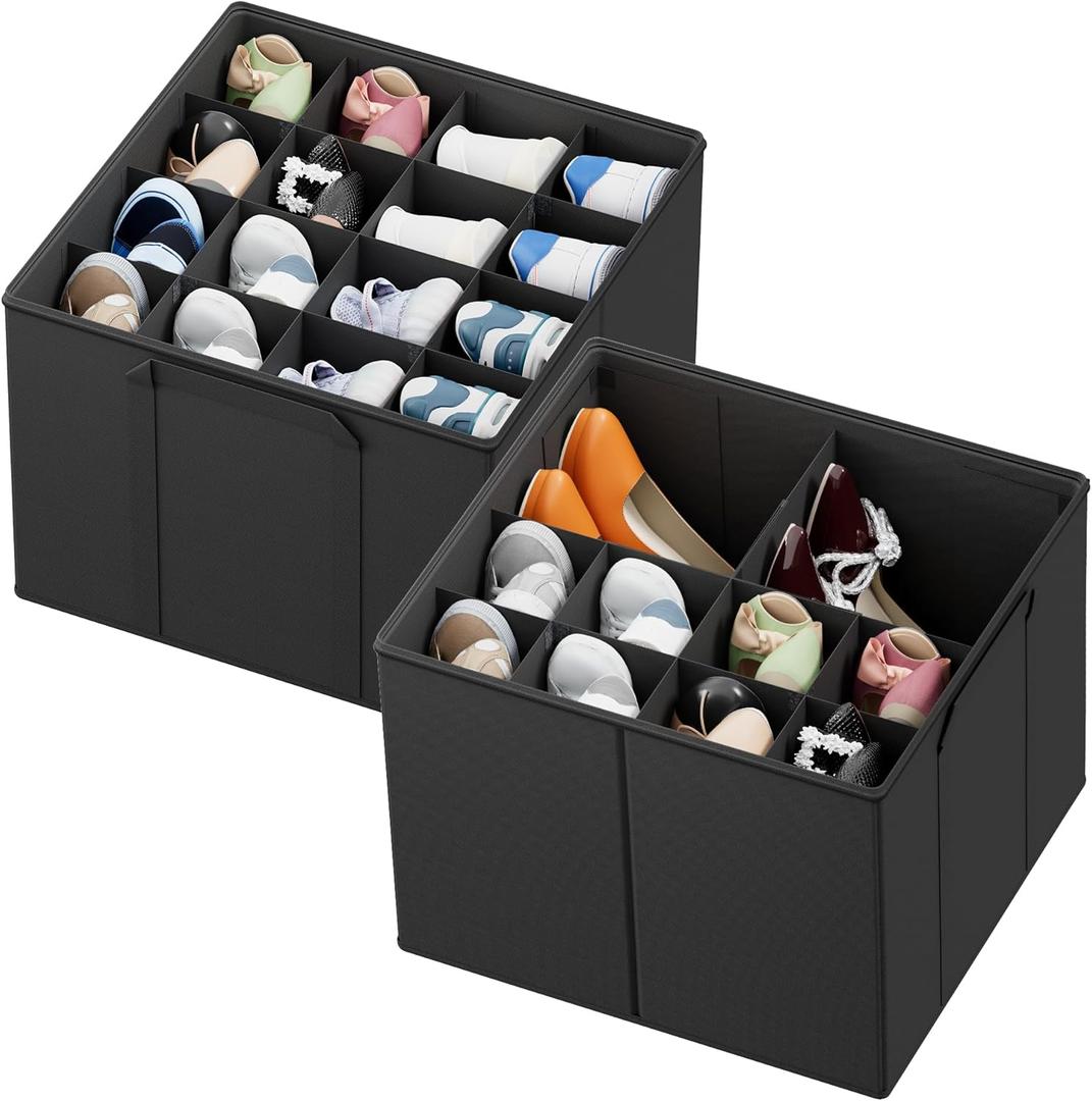 SpaceAid Shoe Organizer for Closet, 2 Pack Foldable Shoe Storage Containers Baskets Boxes Bins w/Adjustable Dividers, Fits 16-32 Pairs, Black
