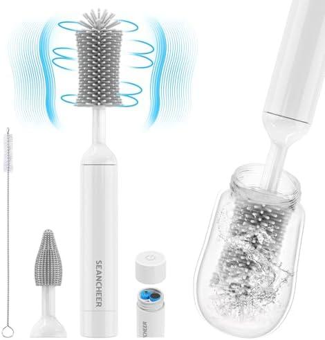 SEANCHEER S02 Electric Bottle Brush Cleaner, Waterproof Baby Bottle Brush, AA Battery-Powered & 360° Wrist-Friendly, with Silicone Bottle/Nipple/Straw Brush, Perfect Essentials for New Parents