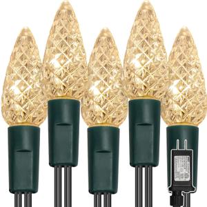 WATERGLIDE C6 Christmas Lights, 33ft 100 LED Faceted String Lights Green Wire Fairy Lights with 29V Safe Adaptor, 8 Lighting Mode, Waterproof for Indoor Outdoor Patio Xmas Tree Party Decor, Warm White