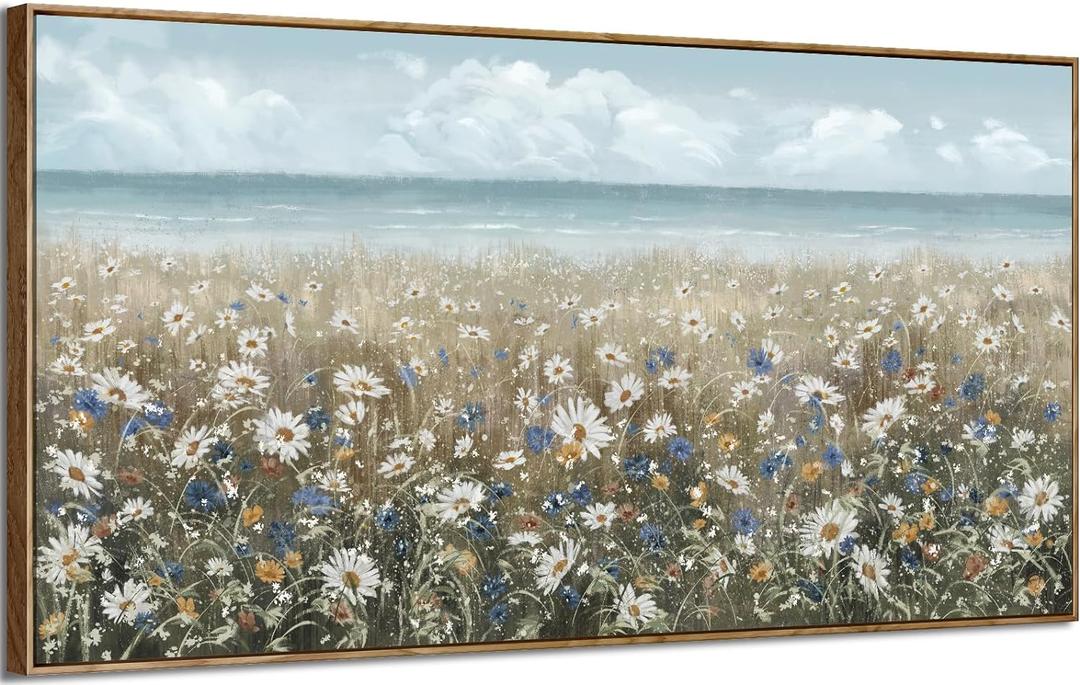 Oversized Wall Art for Living Room Extra Large Farmhouse Boho Framed Beach Coastal Vintage Ocean Floral Canvas Print Daisy Flowers Sea Wall Picture Neutral Nautical Artwork Bedroom Office Decor (58L" x 29W", Serene Flower Sea Art)