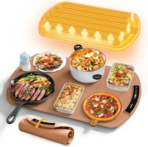 Food Warming Mat, Electric Warming Tray for Buffets & Parties, Silicone Heating Mat for Food with 9 Temperature Settings, Roll-Up Storage, 25.8"x15.6", Brown