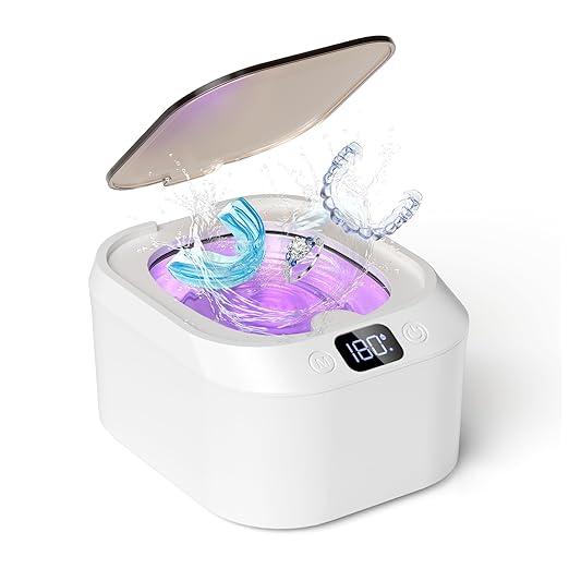 KUNPHY Ultrasonic Retainer Cleaner Machine, 48KHz Professional Sonic Cleaner with Touch Operation, 7.5 Oz Sonic Cleaner Machine for Jewelry, Braces, Mouth Guard, Watch (White)