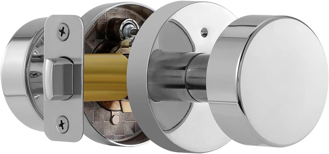 Polished Chrome Door Knobs Interior, Polished Chrome Privacy Door Knob with Lock, Heavy Duty Round Modern Door Handle for Bedroom Bathroom (1 Pack Privacy)
