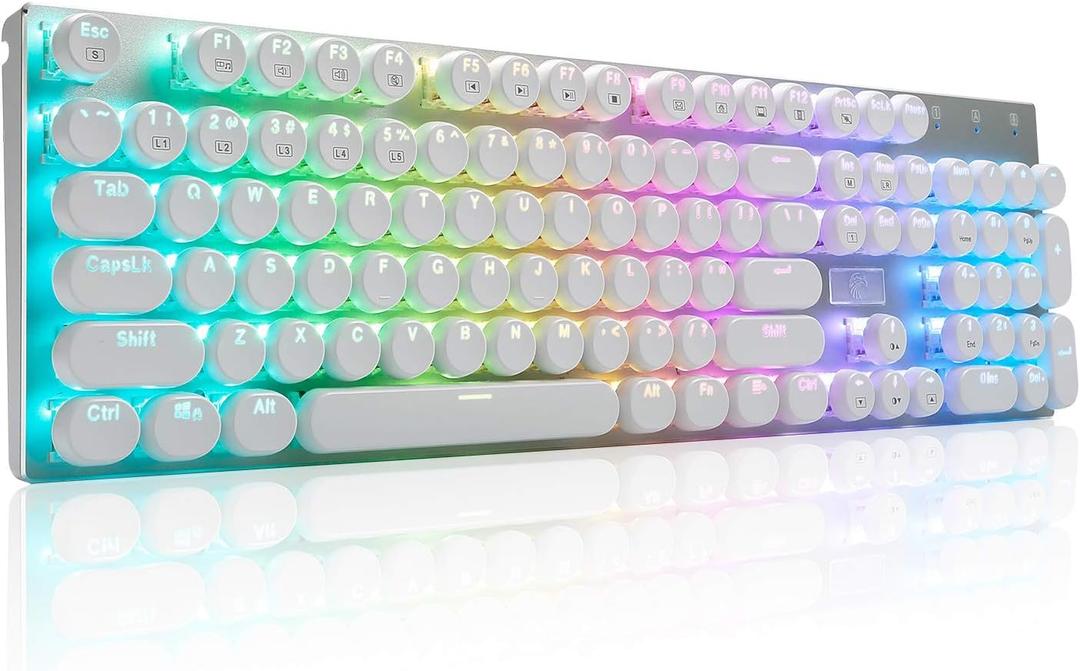 HUO JI E-Yooso Z-88 Wired Typewriter Style Mechanical Gaming Keyboard, Programmable RGB Backlit, Blue Switches - Clicky, USB-C Cable, Metal Panel, 104 Double-Shot Keycaps for PC, White