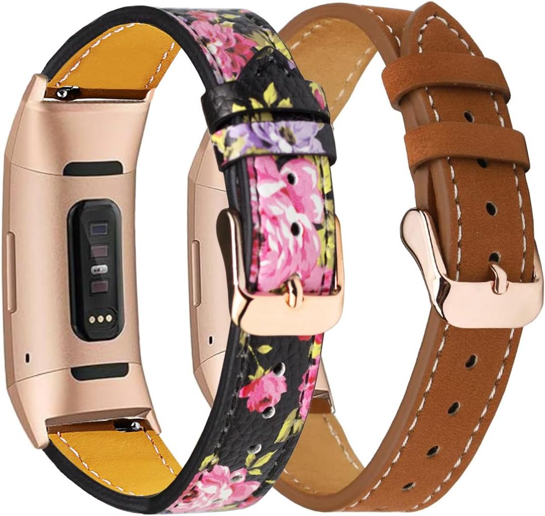 Leather Bands Compatible with Fitbit Charge 4/Charge 3, Replacement Accessories Wristband Straps for Women Men, Floral+ Frosted Brown (Standard(5.5"-8.0"))