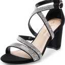 DREAM PAIRS Womens Ankle Strap Dress Pump Low Chunky Heel Sandals (9, Black-rhinestone)