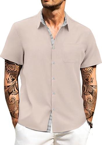 HUNGSON Men's Button Down Shirts Short Sleeve Casual Shirts Summer Beach with Pocket Size XL