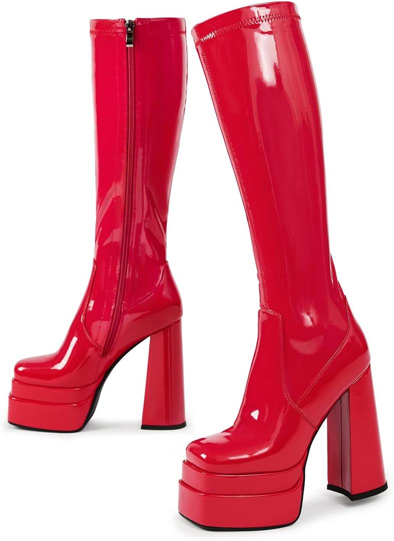 wetkiss Platform Knee High Boots Women Chunky High Heel Black Boots for Women Gogo Boot with Side Zipper Stretchy Party Festival Cosplay Halloween Boot Not for Wide Calf (9)