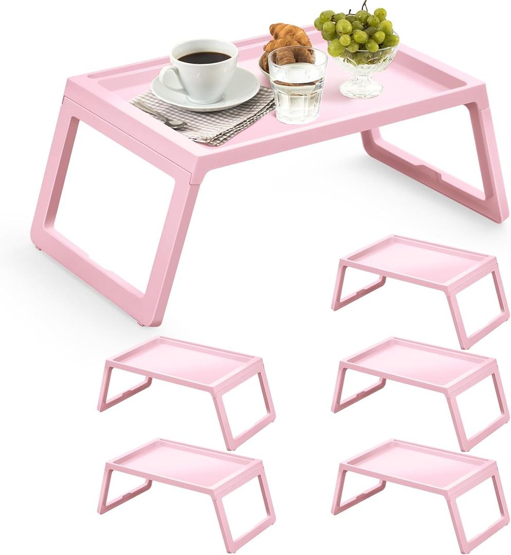 6 Pieces Breakfast in Bed Tray with Foldable Legs,26.8"x14" Bed Table Tray with Handles Serving Breakfast Tray for Couch Snack Sofa Home Sleepover Slumber Party (Pink)