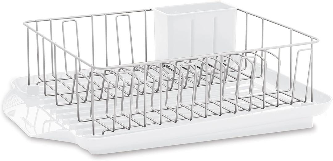 Farberware Classic Large Rust Resistant Full Dishrack with Removable 3 Compartment Flatware Caddy, Andlged Drain Board, 3-Piece, White