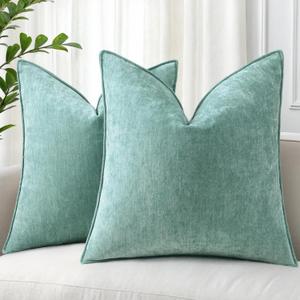 decorUhome Christmas Couch Throw Pillow Covers 24x24 Set of 2, Decorative Soft Euro Velvet Neutral Chenille Pillow Covers with Elegant Design for Sofa Bed Living Room Home Decor, Aqua Haze
