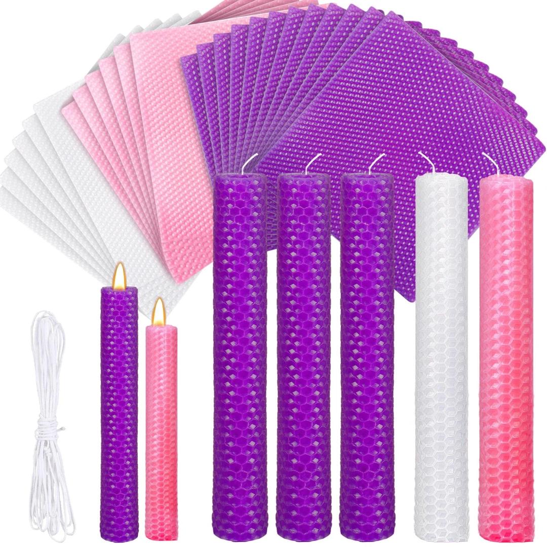 Yuntau 48 Pcs Beeswax Candle Making Kit Christmas DIY Taper Candle Set Include Beeswax Honeycomb Sheets and Cotton Wick Kit for Fun Project Family (8 x 8 Inches, Pink, White, Purple)
