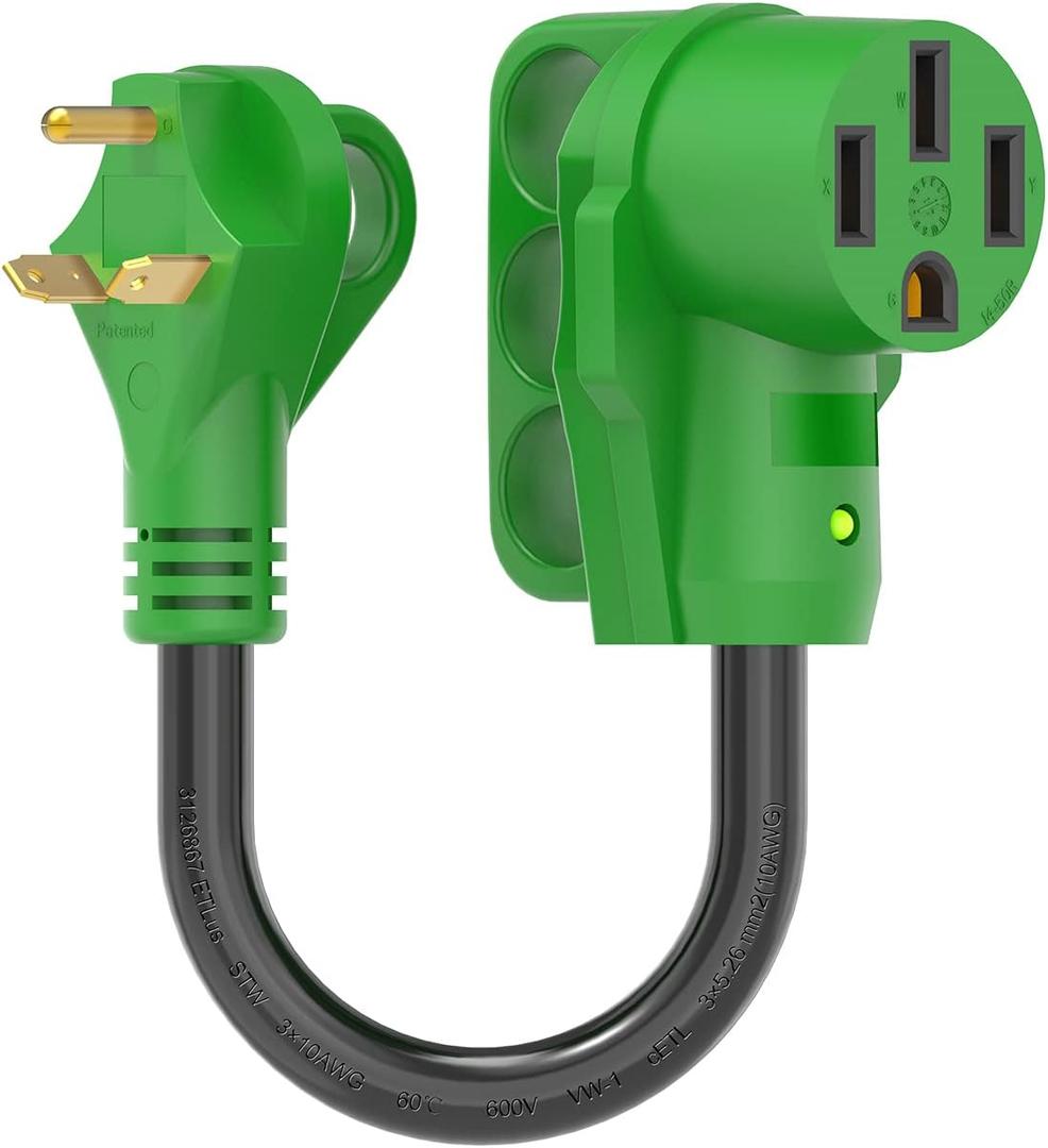 RVGUARD 30 Amp to 50 Amp RV Adapter Cord 12 Inch, NEMA TT-30P to NEMA 14-50R, Dogbone Electrical Converter with LED Power Indicator and Disconnect Handle, Green, ETL Listed