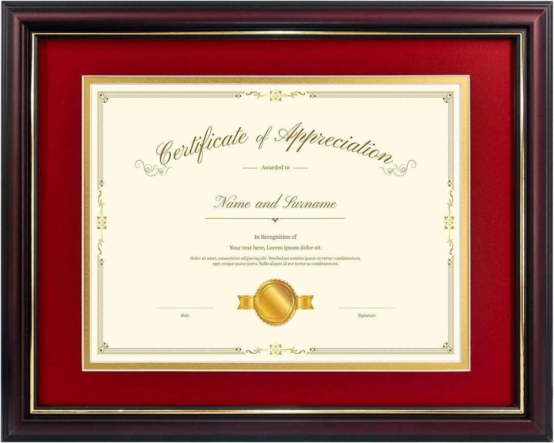 Red Diploma Frames 11x14 with Mat - Certificate Frame 8.5x11 Inch with Mat - 11x14 Inch Without Mat - For Document/Photo(Double Mat - Red with Gold Rim