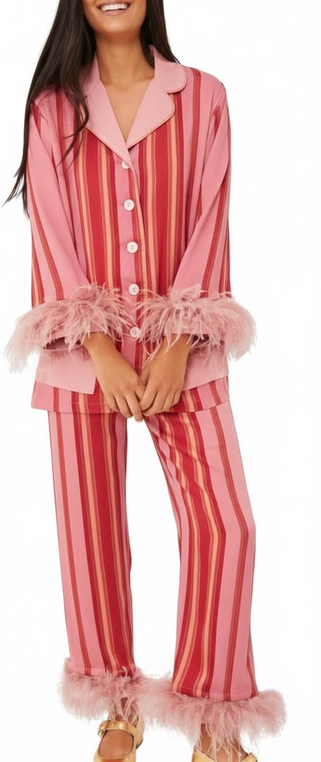 Women Feather Trim Holiday Pajamas Cute Bow Heart Satin Pjs Silk Long Sleeve Button Pajama Shirt Lounge Pants Sets (Small)