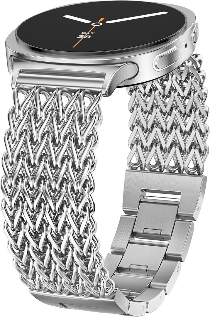 Minyee Metal Band Compatible with Samsung Galaxy Watch 8 40mm 44mm/ 8 Classic 46mm Bands, No Gap One-Click Dressy Stainless Steel Metal Gold Multi-chain Strap Mermaid Style Link Bracelet Wristband (Silver)