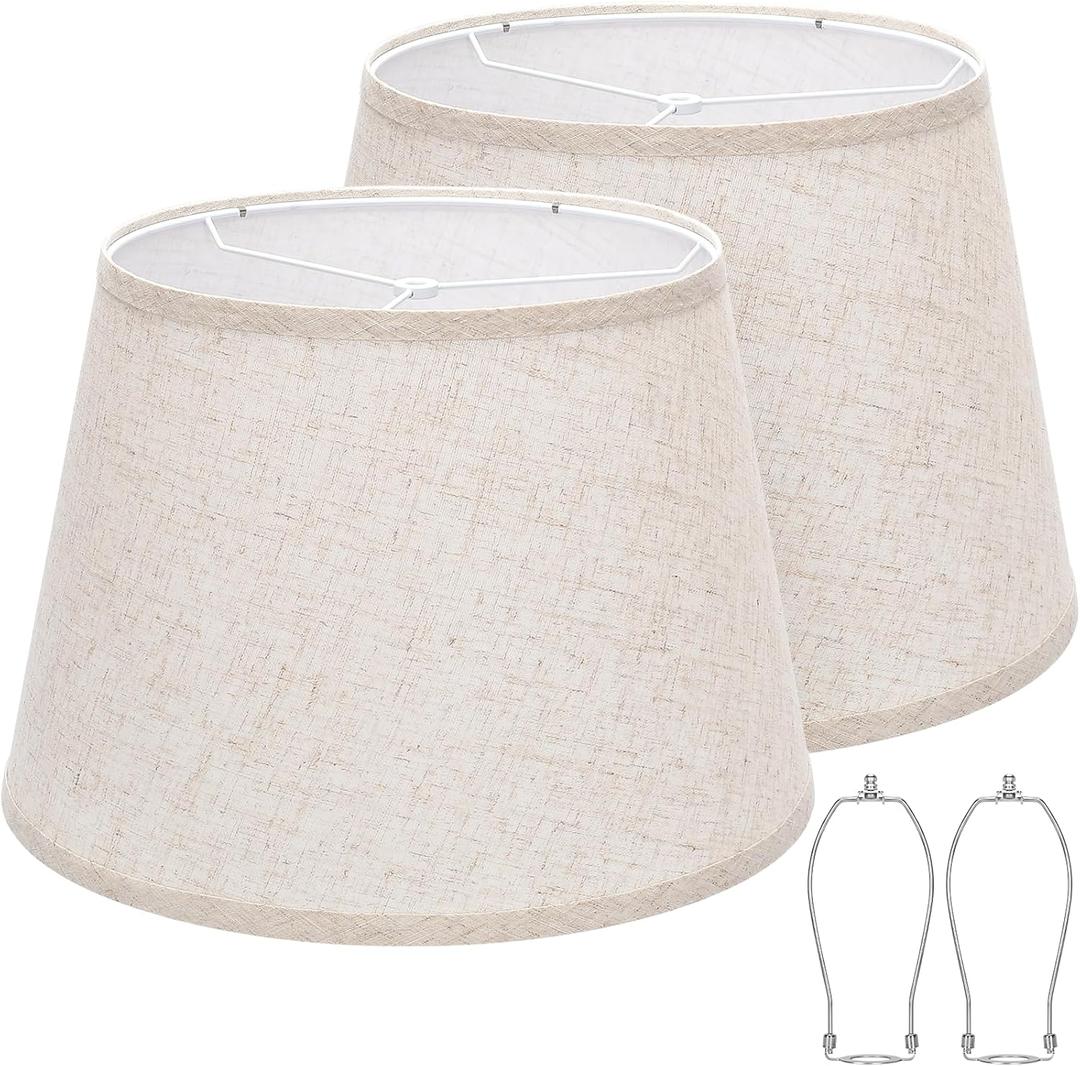 Large Drum Lamp Shades Set of 2, 12"Top x 16"Bottom x 11" High, Beige Lampshades for Table Lamps Floor Lamps, Natural Linen Replacement Lamp Shades, Spider, Harp Holders Included, Easy Assembly