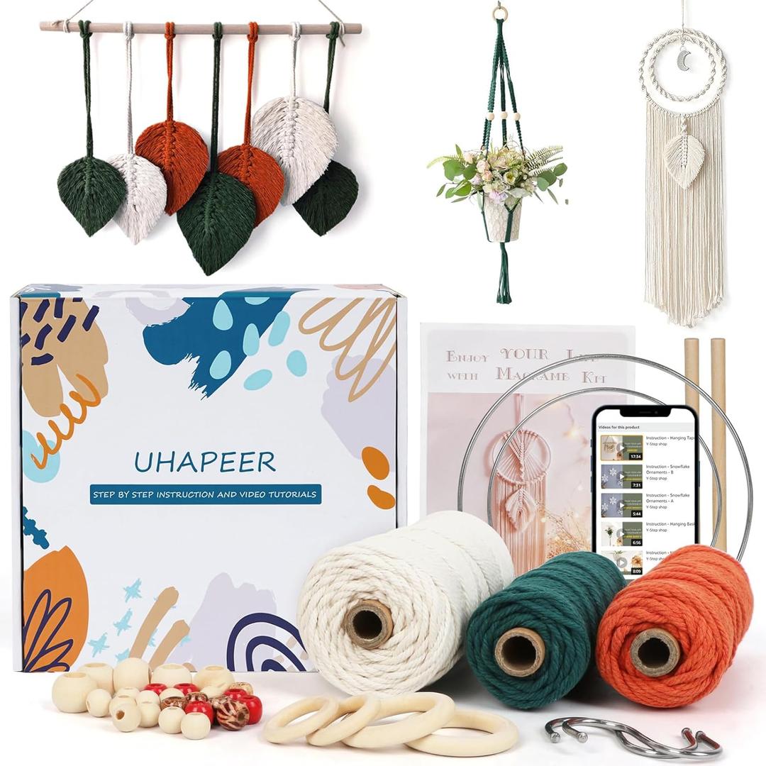 UHAPEER Macrame Kits for Adults Beginners, DIY Macrame Plant Hanger Kit and Macrame Supplies, with 3 mm Macrame Cord Cotton, Macrame Meads, Wooden Rings, Dream Catcher Rings, Craft Kits for Adults (Dark Green & Orange)