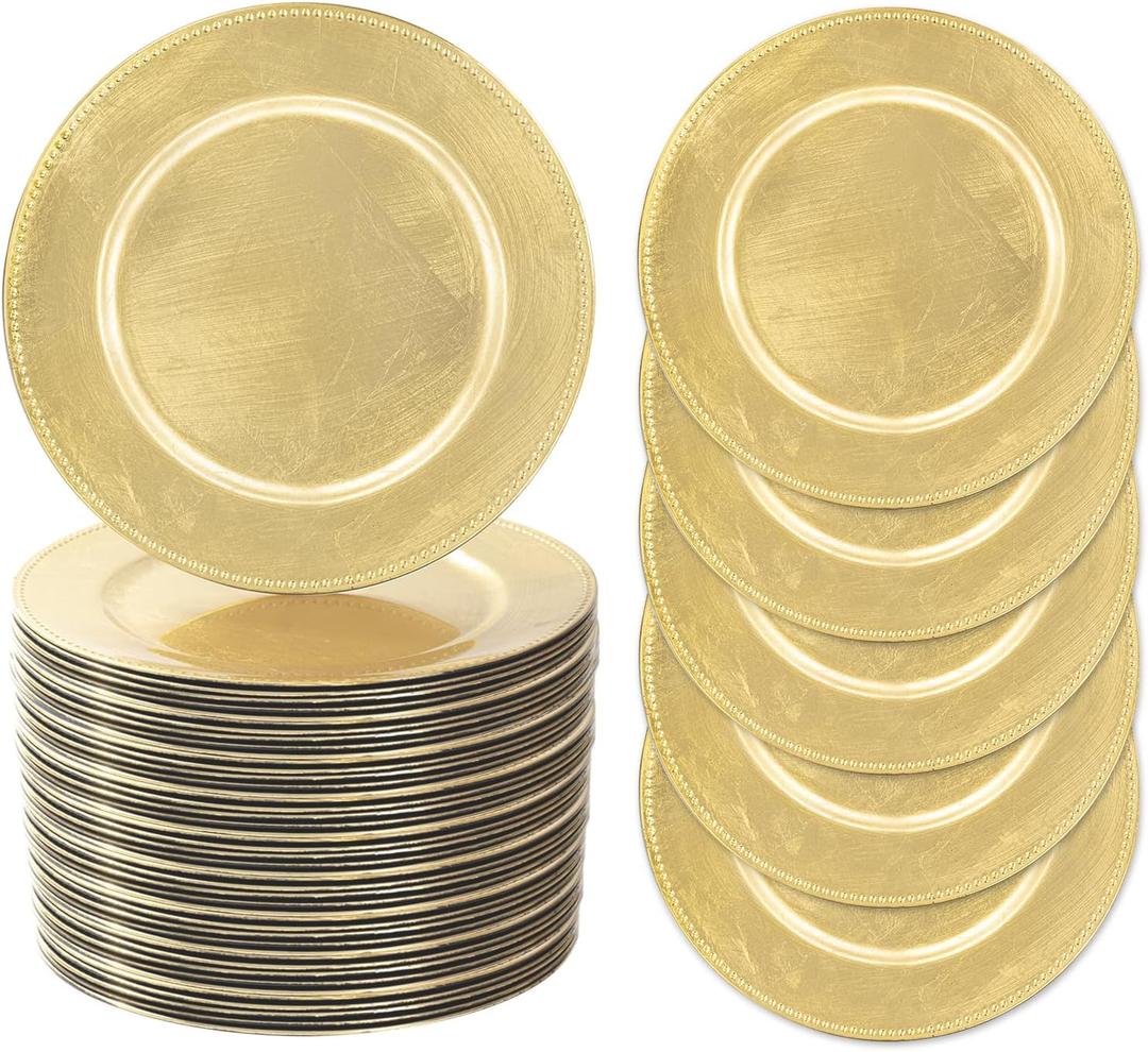MAONAME 50 PCS Foil Gold Charger Plates Bulk, 13 Inch Beaded Plate Chargers for Dinner Plate, Plastic Round Chargers for Table Setting, Wedding