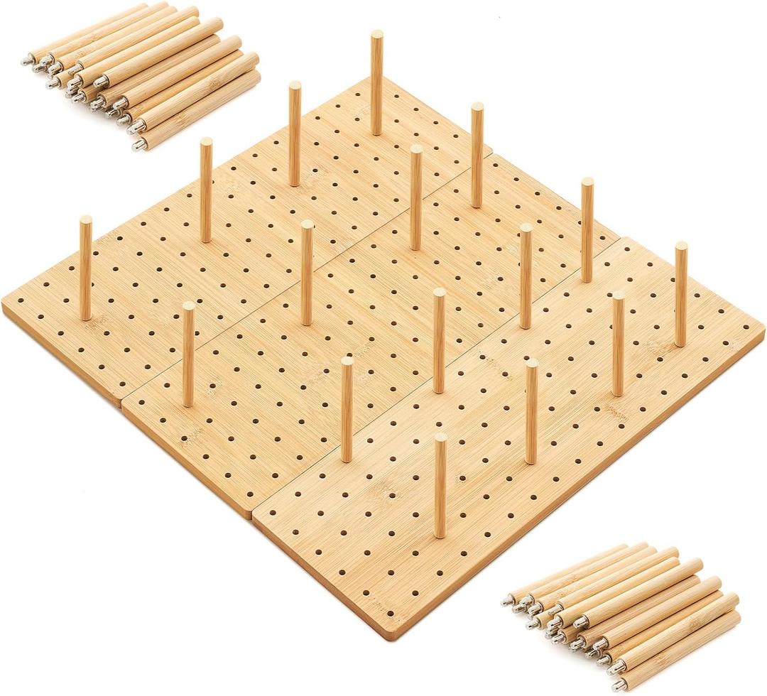 Kigley 3 Pcs Bamboo Wood Pegboard Drawer Organizer with 32 Pegs Wooden Peg Board Drawer Shelf Organizer Adjustable Peg System for Dishes Plate Pot Container Cookware Utensil Kitchen, 17" x 6"