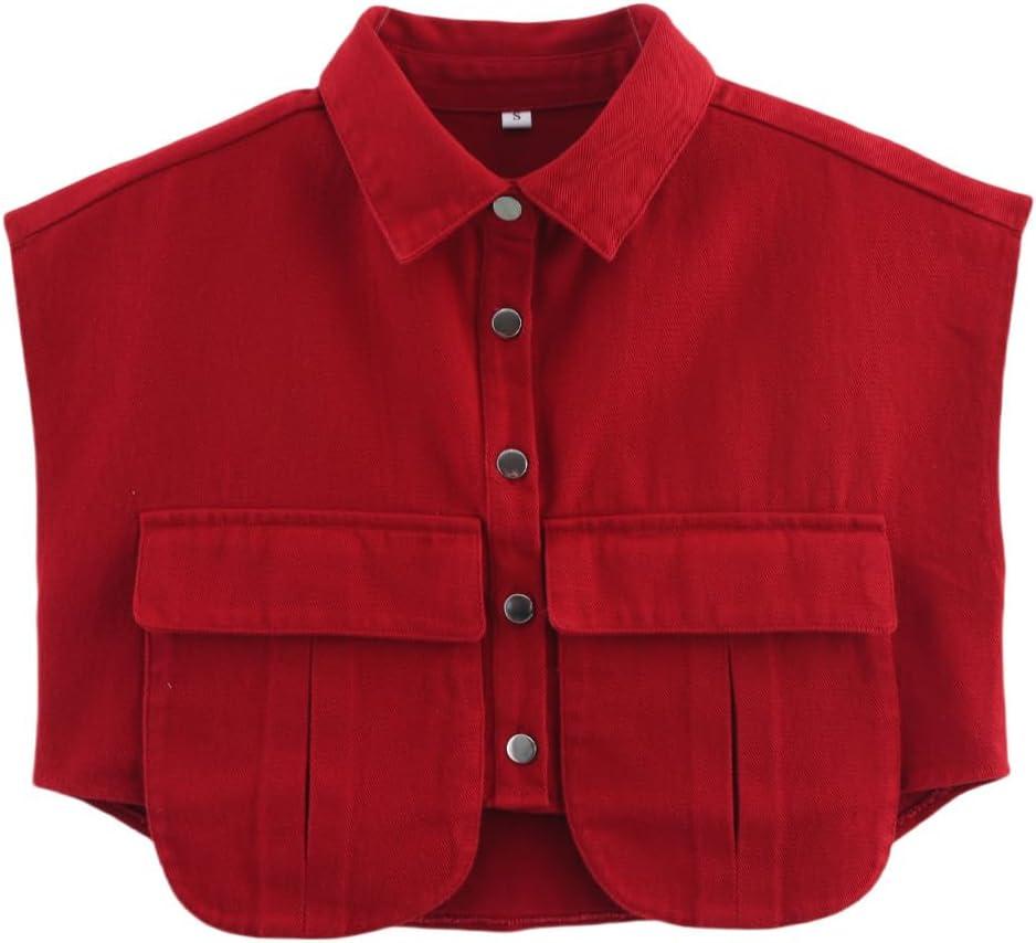 Perbai Womens Cropped Button Down Shirt Summer Collared Sleeveless Loose Denim Top with Pockets (Red, M)