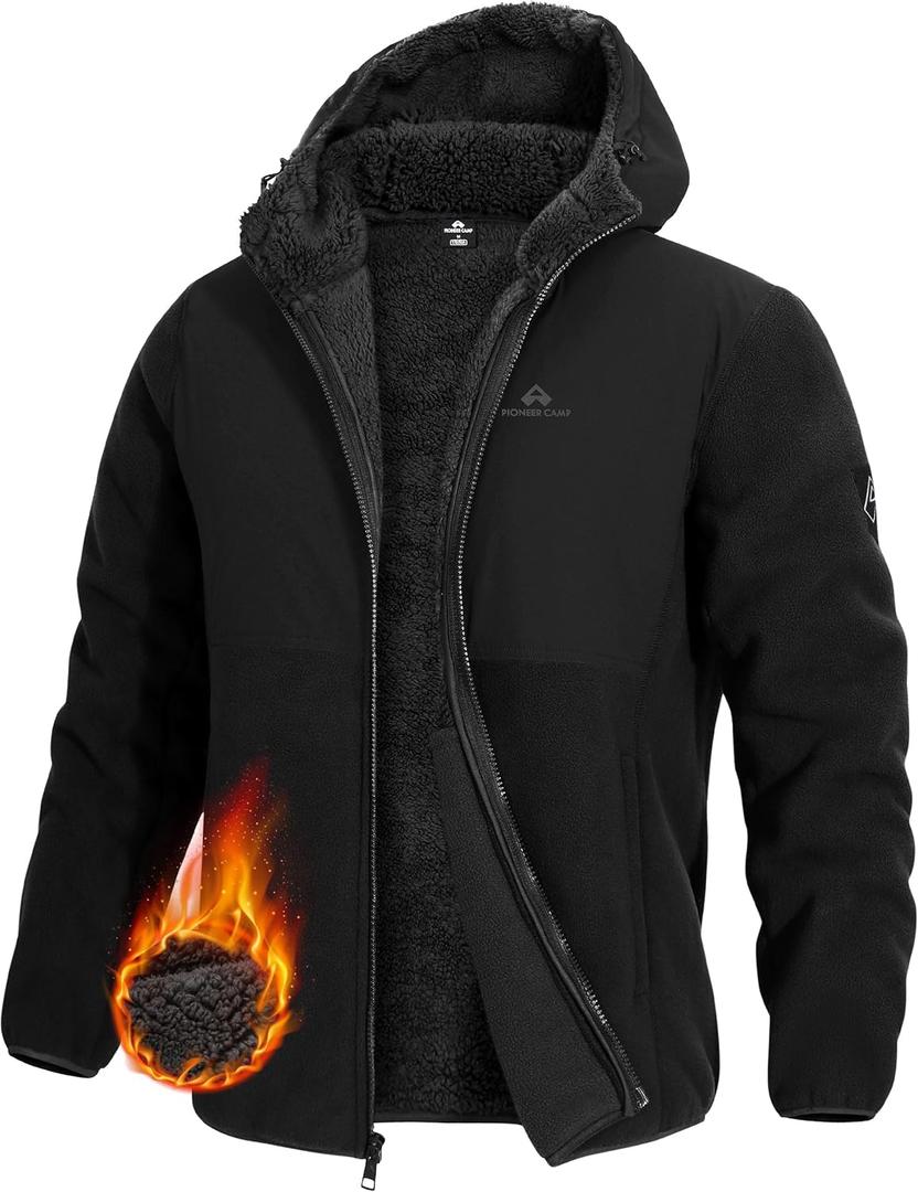 Pioneer Camp Men's Polar Fleece Jacket Sherpa Lined Warm Full Zip Up Hoodie Heavyweight Winter Jacket with Hood Outerwear (X-Large, Black)