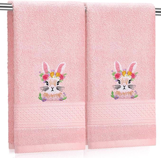 Tudomro 2 Pcs Easter Bunny Hand Towels Brown Bathroom Decor 14x29 Inch Embroidered 100% Cotton Soft Absorbent Farmhouse Spring Bunny Decorative Hand Towels for Bathroom Kitchen