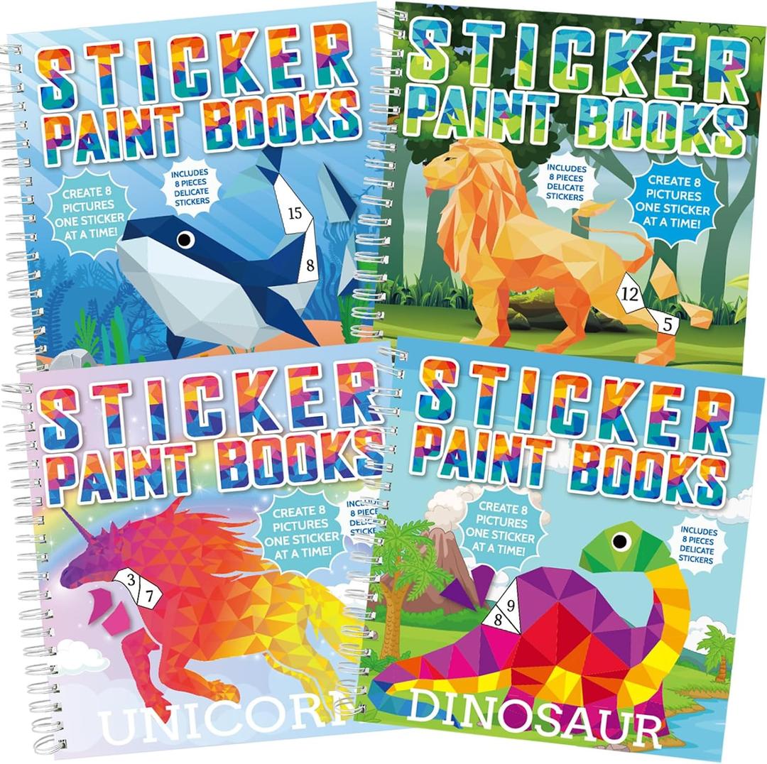4 Pcs Paint by Sticker Books Sticker by Number Books Activity Book Puzzle Book Craft Art Gift with Dinosaur Unicorn Ocean Animal 32 Pictures