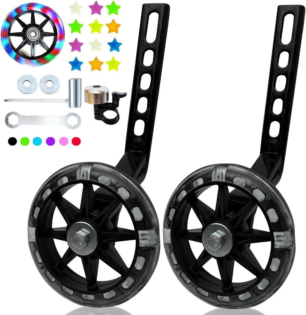 DDJKCZ Training Wheels for Kids Bicycle,Flash Mute Big Wheel Compatible for 12 14 16 18 20 inch Single Speed Bike (Brilliant Black)