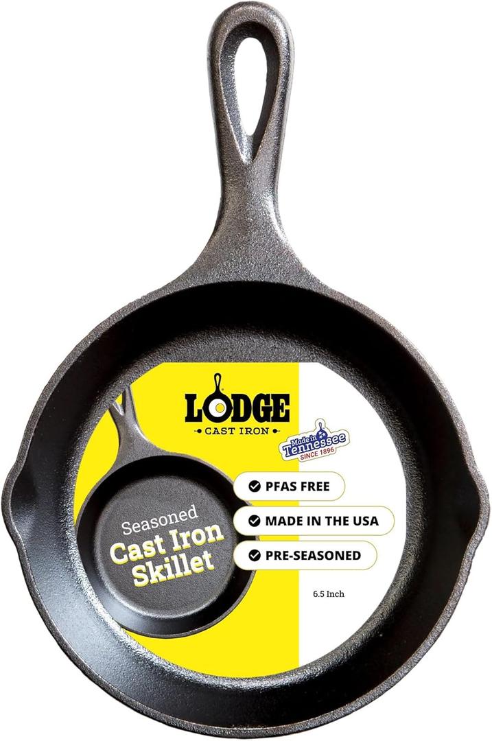 Lodge Seasoned Cast Iron Skillet - PFAS-Free, Non-Toxic Cookware - Use with an Oven, Stove, Grill, or Campfire - Naturally Non-Stick & Oven Safe - 6.5 Inches