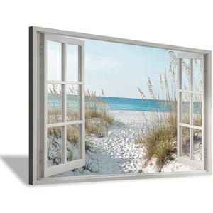 Hardy Gallery beach wall art window picture: coastal canvas artwork seascape scene prints looking out fake window wall decor for bathroom 12"x16"