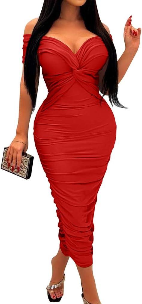 BEAGIMEG Women's Sexy Elegant Bodycon Sleeveless Ruched Off Shoulder Night Party Cocktail Midi Dress (X-Large, Red)