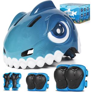 FUNWICT Bike Helmet for Kids 3-5-8 Toddler Bike Helmet Animal 3D Cartoon Boys Girls Safety Adjustable Kids Helmet and Pads Set for Cycling Scooter Skateboard (S: 19.69-21.26") Blue Set
