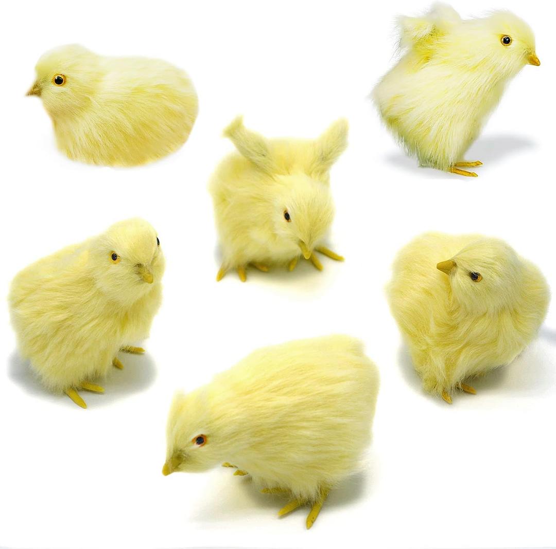 Set of 6 Realistic Yellow Furry Baby Chicks Lifelike Fur Farm Animal Spring Barnyard Photo Props Easter Basket Decoration Store Home Plush Chickens Ornaments