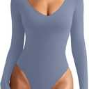 REORIA Womens Sexy Long Sleeve Bodysuit V Neck Lightweight Double Lined Basic Tops Trendy Layering Leotards Fall Going Out Body Suit Shirts 2024 Blue