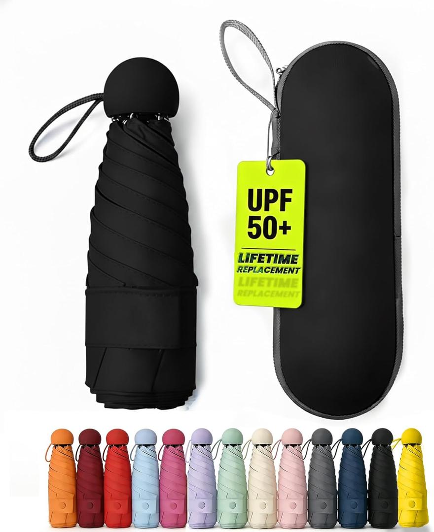 Mini Umbrella for Purse with Case, Sturdy Travel Essentials, UV Sun Protection Lightweight Compact Manual Open Close, Tiny Pocket Fits Purse Backpack, Women Kids Men (Black)