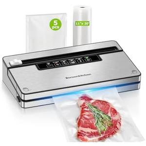 Bonsenkitchen Vacuum Sealer Machine, Stainless Steel Food Sealer Vacuum Sealers with 1 Roll & 5 Bags, 5 Food Vacuum Modes, Built-in Cutter & Bag Storage (Silver Black)