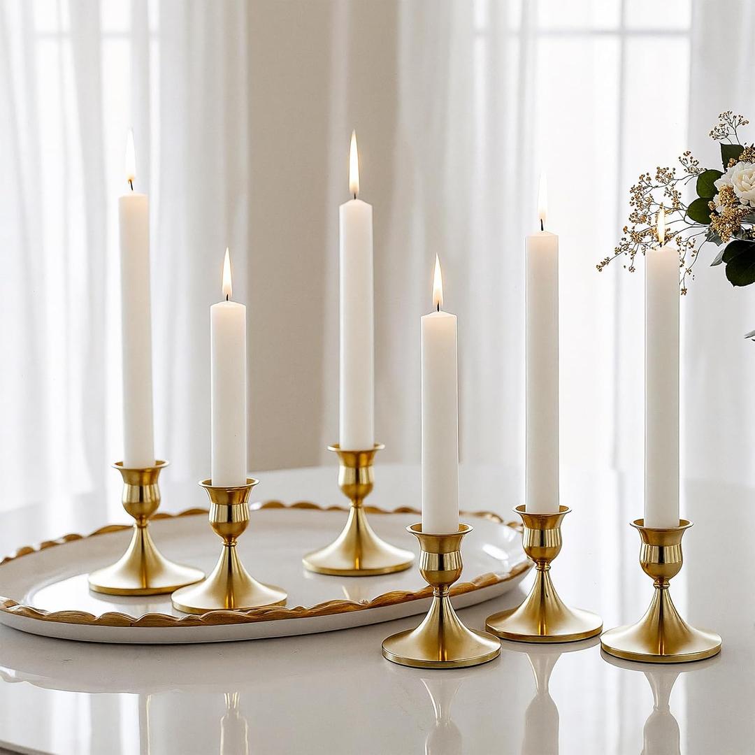 6 Pieces Gold Taper Candle Holders, Brass Candlestick Holders Vintage Metal for Table Centerpieces Wedding Christmas Decor