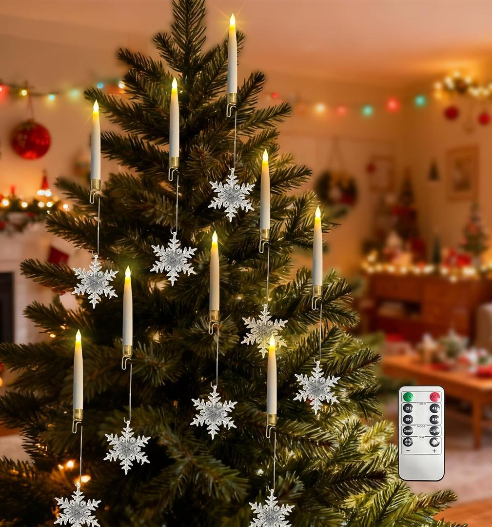 Christmas Tree Candles with Remote, 5 Pcs LED Flameless Taper Candles with Clear Snowflake for Christmas Tree Decor, Battery Operated Tree Candlesticks Flickering Flame for Xmas Indoor Decor