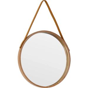 Natural Round Hanging Mirror, 11.8 Inch Farmhouse Mirror with Leather Hanging Rope for Bathroom, Bedroom, Living Room, Entryway Home Decor. (Natural, S-11.8in)